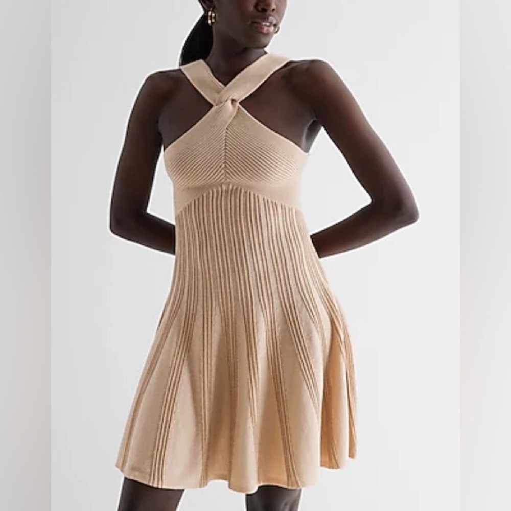 Metallic Ribbed Twist Halter Neck Fit and Flare Sweater Dress